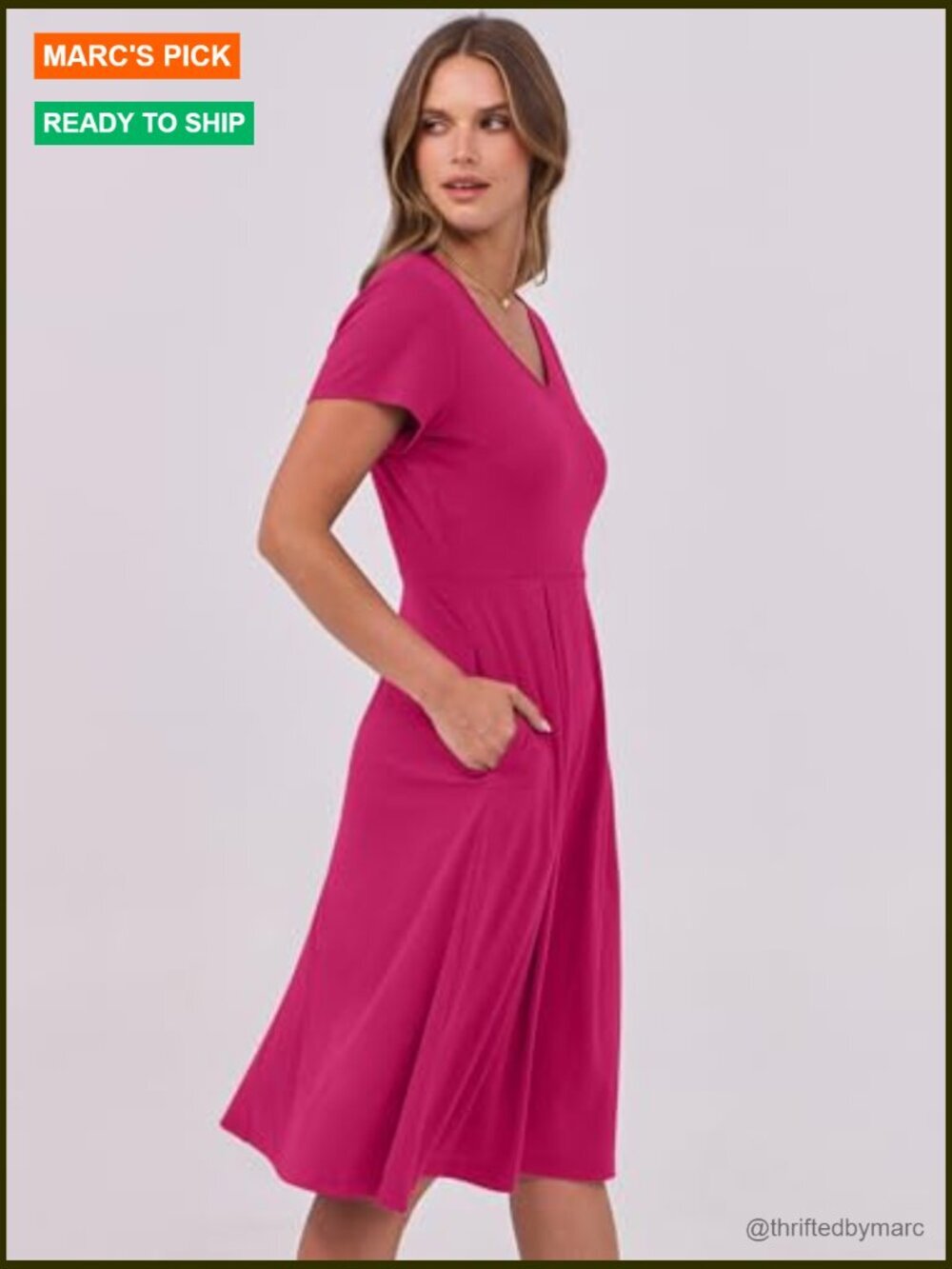 Women's A-Line Midi Dress with Pockets, V-Neck Short Sleeve Casual Summer Dress - Picture 5 of 7